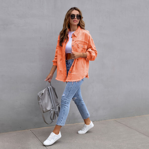 Wholesale Solid Color Medium Length Ripped Long Sleeve Denim Jacket