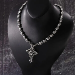 Coiled snake cross pendant skull chain necklace