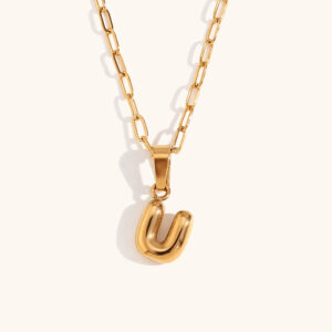 Mini bubble letter paper clip chain necklace-Gold-U
