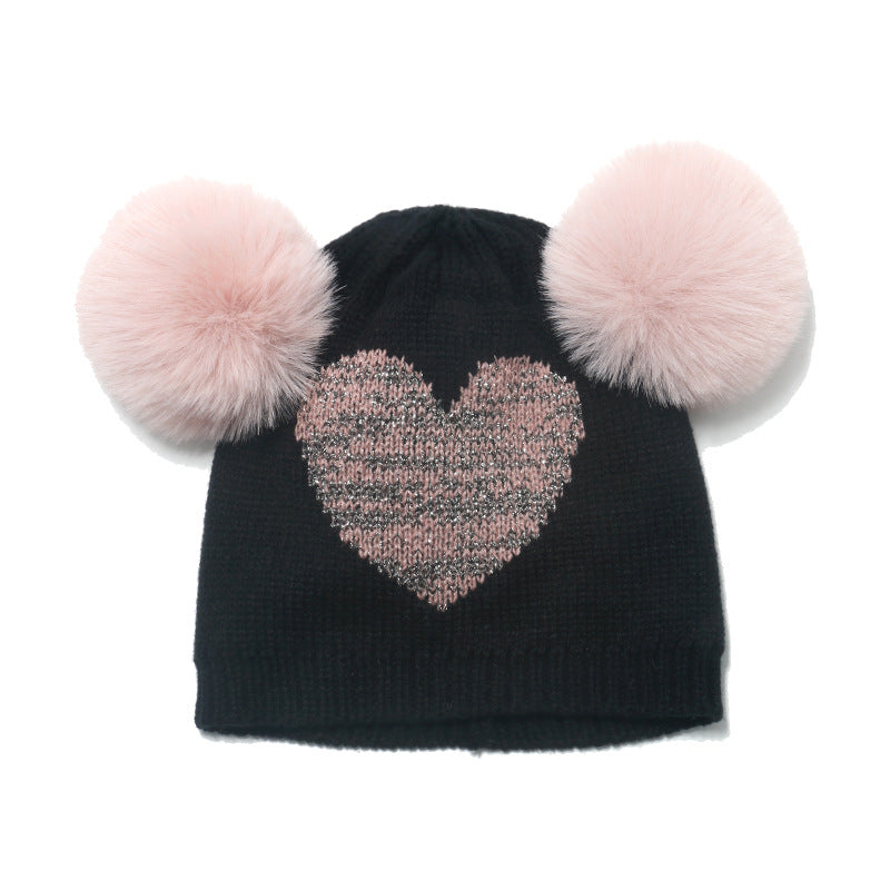 Wholesale Acrylic Double Wool Ball Chilen Love Knitted Hat