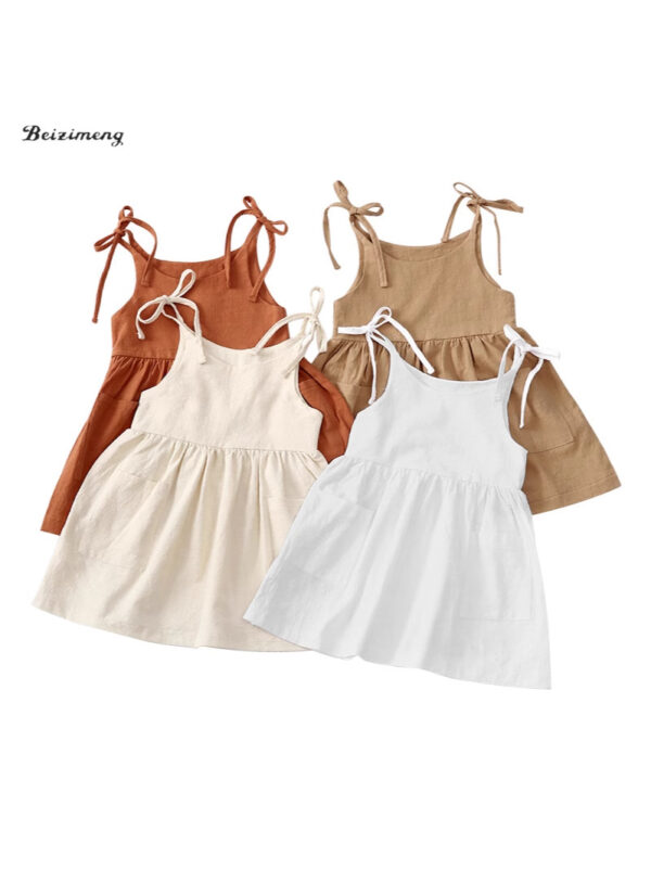 Wholesale Solid Color Cotton and Linen 2 Side Pockets Suspenders Lace-up Children's Suspender Dress