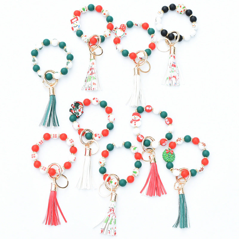 Wholesale Christmas Silicone Beaded Leather Tassel Wrist Keychain