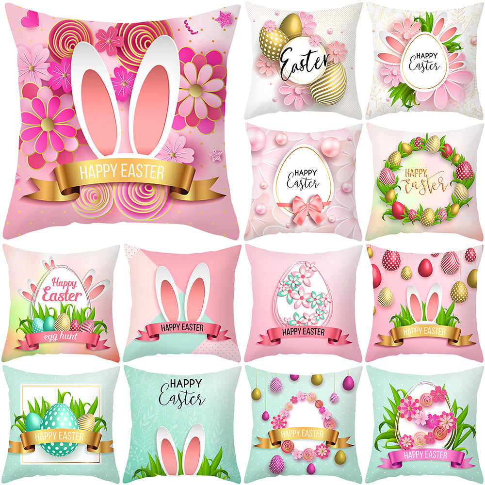 wholesale Peach Skin Colorful Bunny E Print Easter Throw Pillowcase