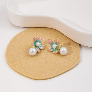 Wholesale Drip Oil Flower Pearls Enamel Pink Blue Petals Alloy Earrings