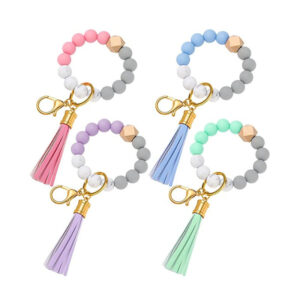 Wholesale Leopard Print Silicone Bead Leather Tassel Hand Wrist Keychain