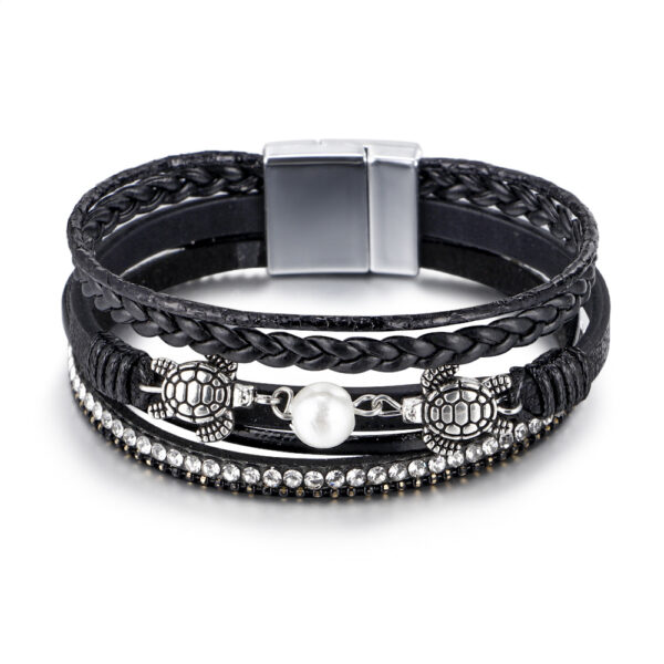 Wholesale Ethnic Style Pearl Turtle Magnetic Buckle Multi-layer PU Leather Woven Bracelet