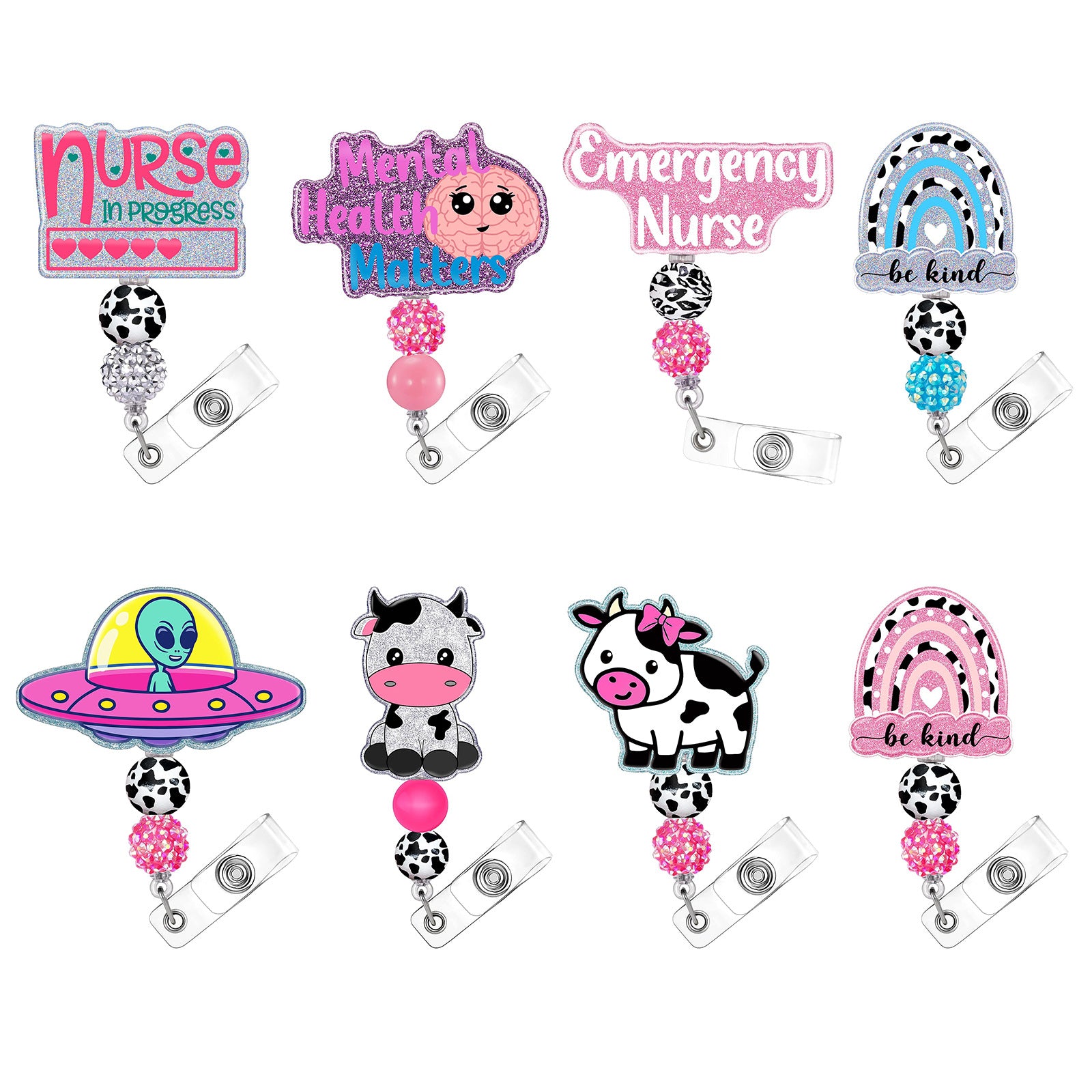 Wholesale Badge Reels Rainbow Cow Acrylic Beaded Ball Badge Scroll Retractable Keychain