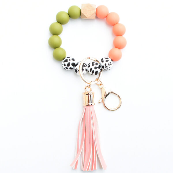 Wholesale Silicone Leopard Pattern Beaded Tassel Wrist Keychain