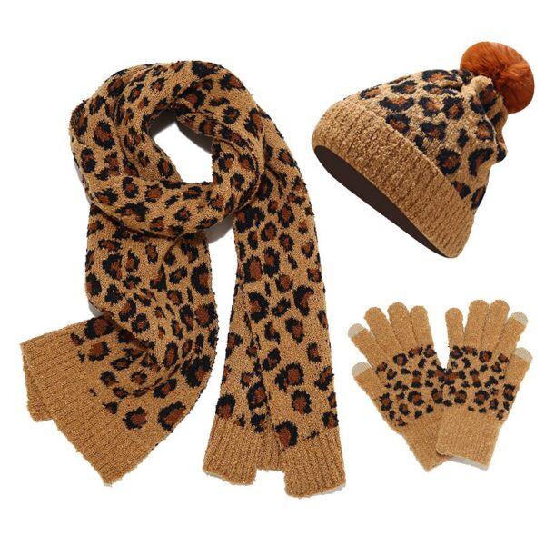 Wholesale Autumn and Winter Cold-proof and Warm Thickened Wool Knitted Leopard Print Scarf and Gloves Three-piece Set