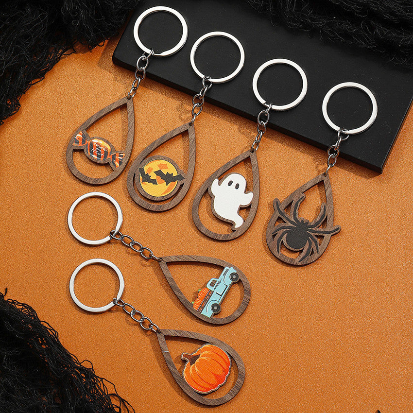 Wholesale Ghost Bat Pumpkin Candy Water op Wooden Keychain