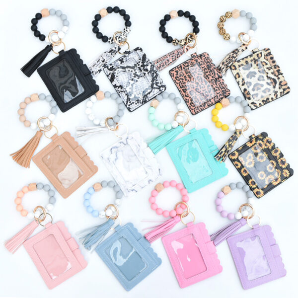 Wholesale Leopard Print Card Holder Silicone Beaded Wrist Keychain