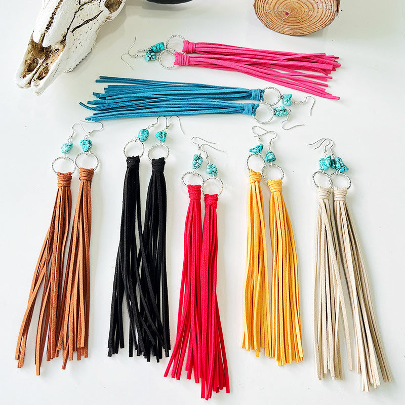 Wholesale Exaerated Leather Tassel Turquoise Multi-color Earrings 2 in A Pack
