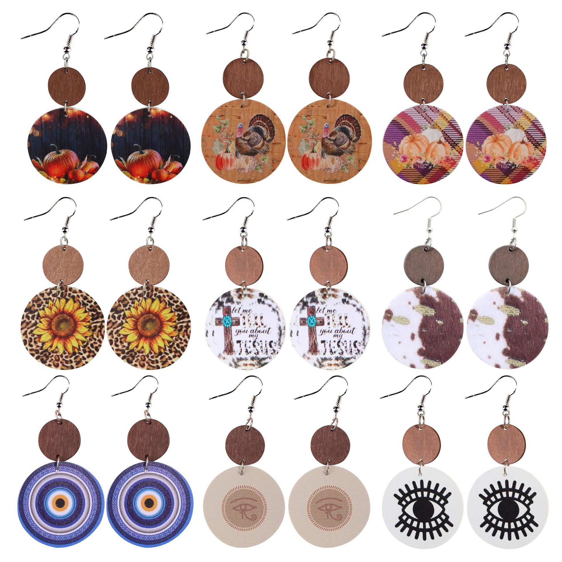 Wholesale Thanksgiving Pumpkin Western Leopard Print Suower Eyes Round Leather Wood Block Earrings Cross Border Amazon