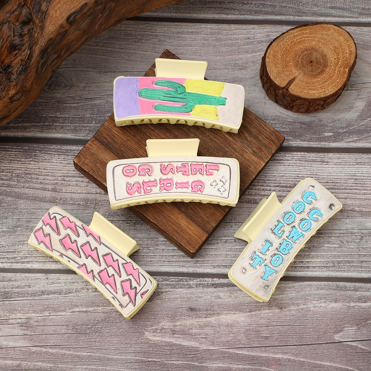 Wholesale Cross-border Western Wind Cactus English Letter Leather Hairpin Amazon AliExpress