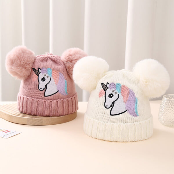 Wholesale Children's Winter Knitted Hat Unicorn Double Ball Woolen Hat