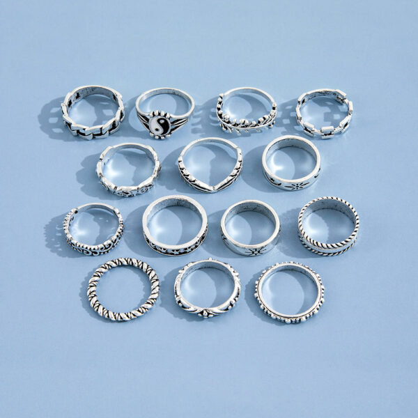 Wholesale Metal Yin Yang Embossed Elephant Geometric Ring Set of Fourteen Pieces