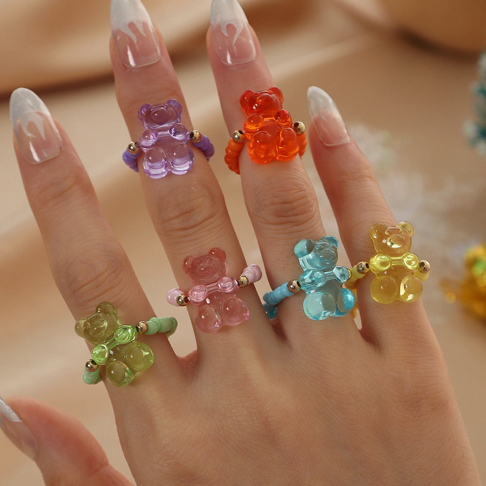 Wholesale Resin Bear Adjustable Rice Bead Ring 6 Sets