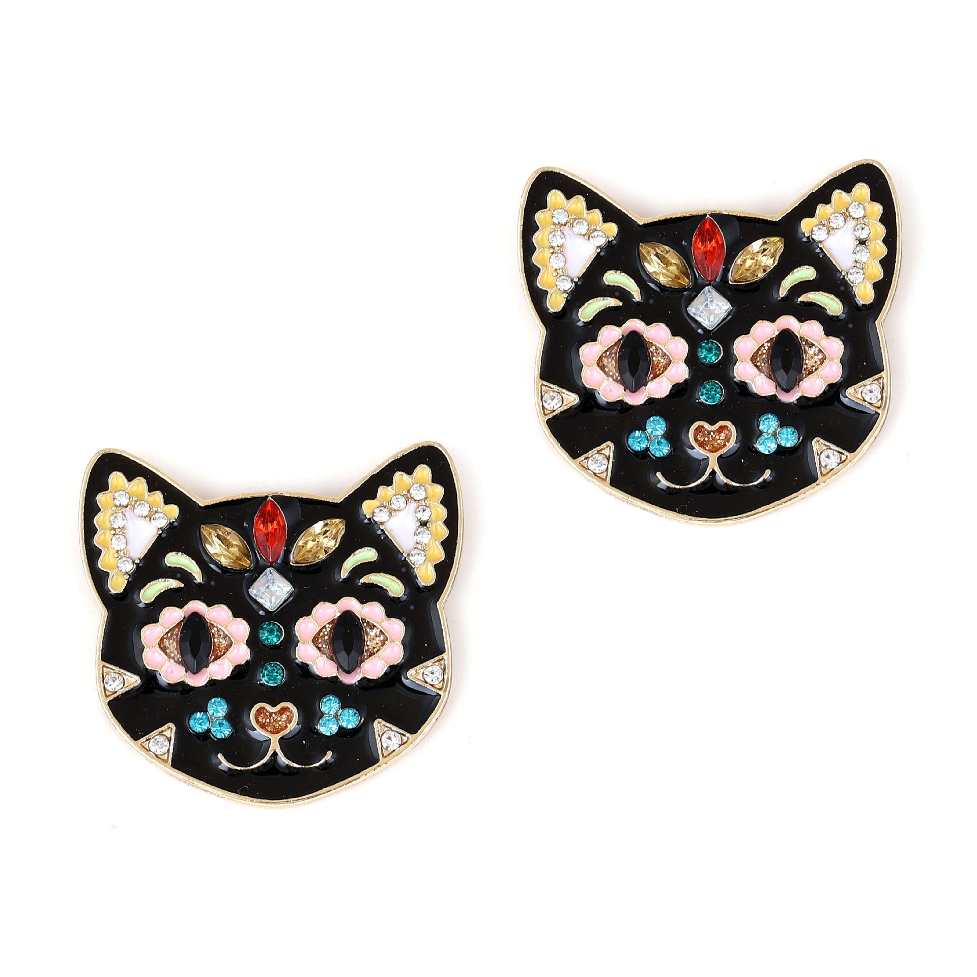 Wholesale Exaerated Oil-op Color Black Cat Inlaid with Rhinestone Alloy Earrings