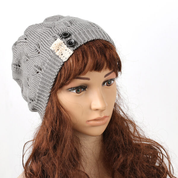 Wholesale Pure Woolen Hat Hollow Leaf Lace Button Knitted Hat