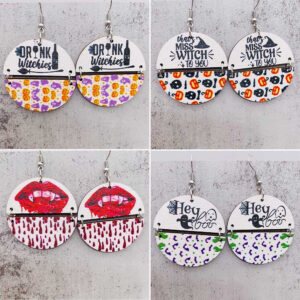 Wholesale Halloween Two Half Circles Patchwork Wooden Earrings