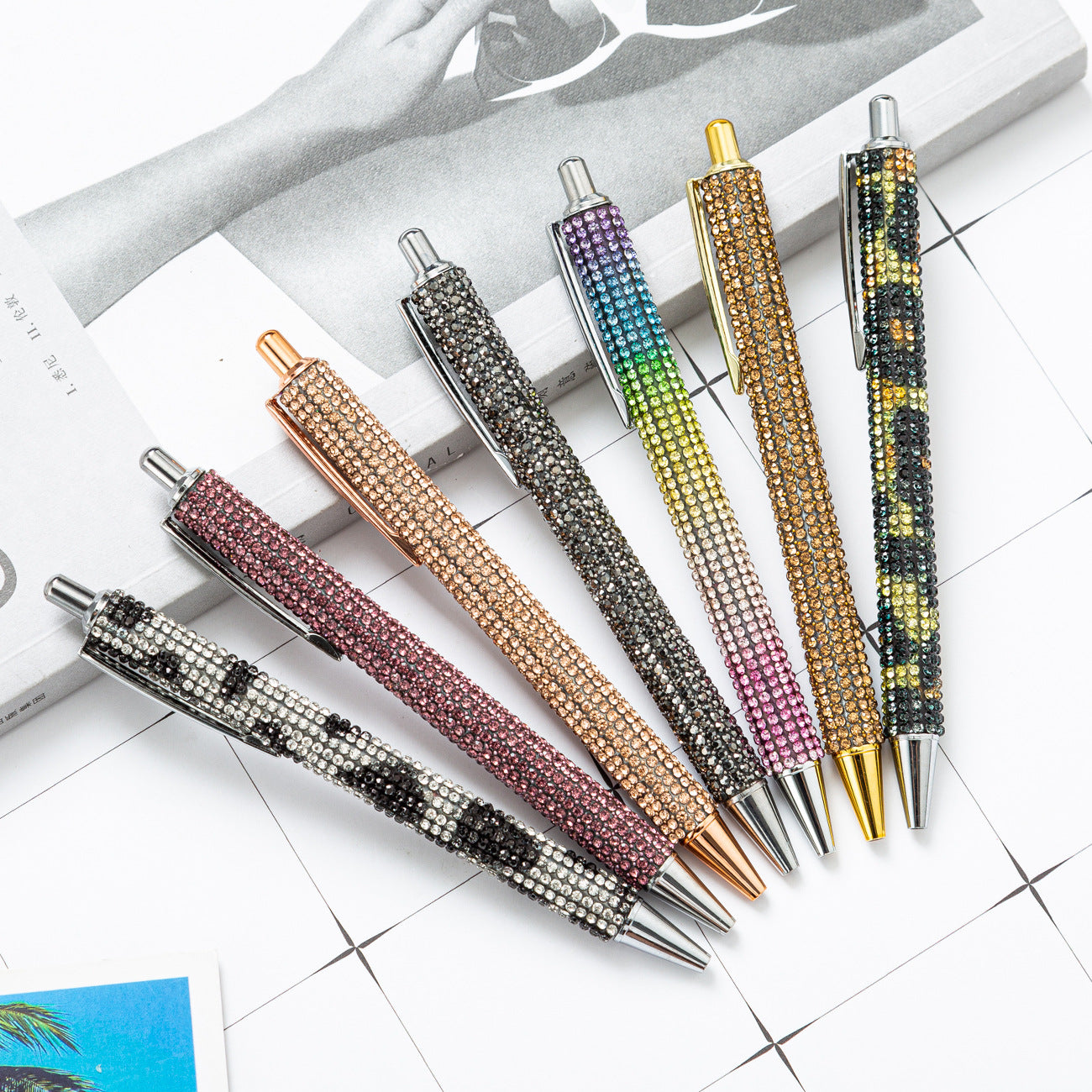 Wholesale Metal Leopard Rainbow Rhinestone Ballint Pen