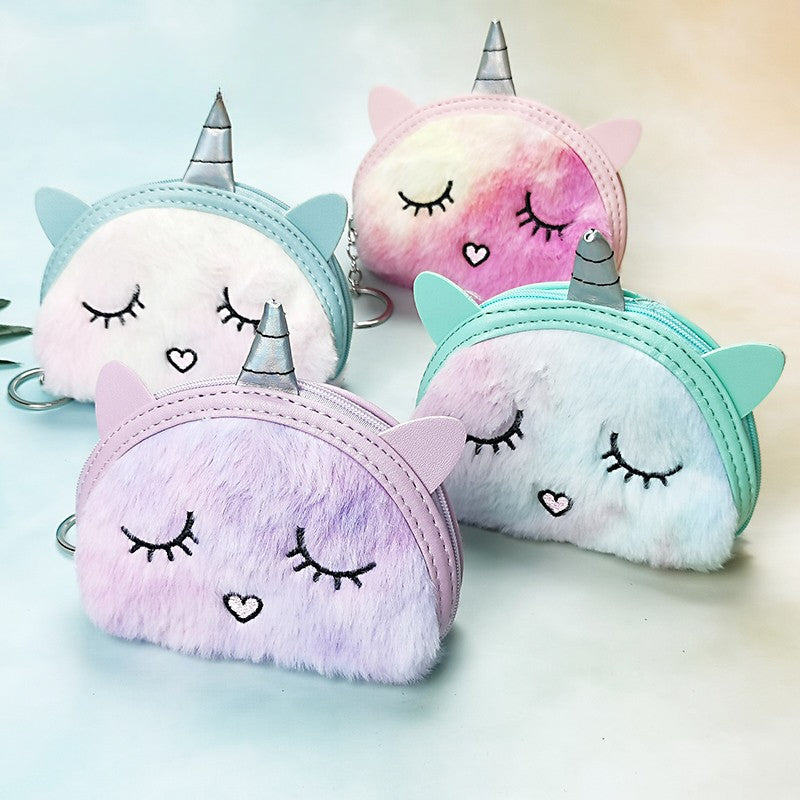 Wholesale Cute Cartoon Half Circle Unicorn Tie Dye Plush Coin Purse lyester Wallet Keychains