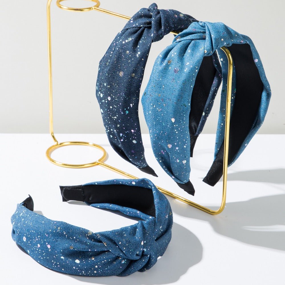 Wholesale Denim Fabric Creative lka Dot Wide Edge Knotted Headband