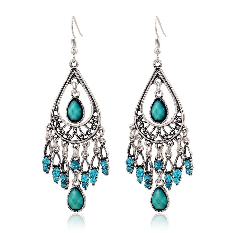 Wholesale Fashion Creative Bohemian Vintage Carved Waterop Gemstone Tassel Earrings