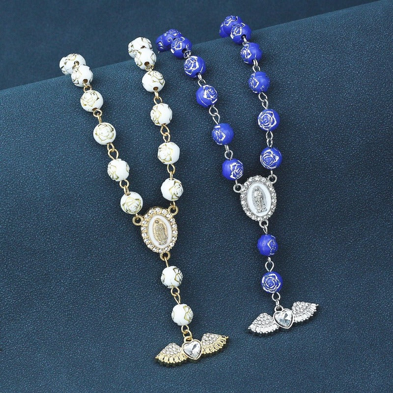 Wholesale Flower Bead Diamond Heart Angel Wings Prayer Bead Bracelet