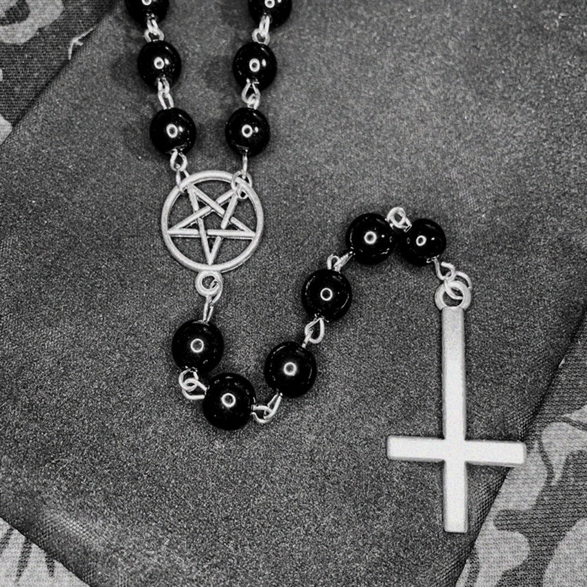 Wholesale Alloy Circle Pentagram Cross Black Beaded Necklace