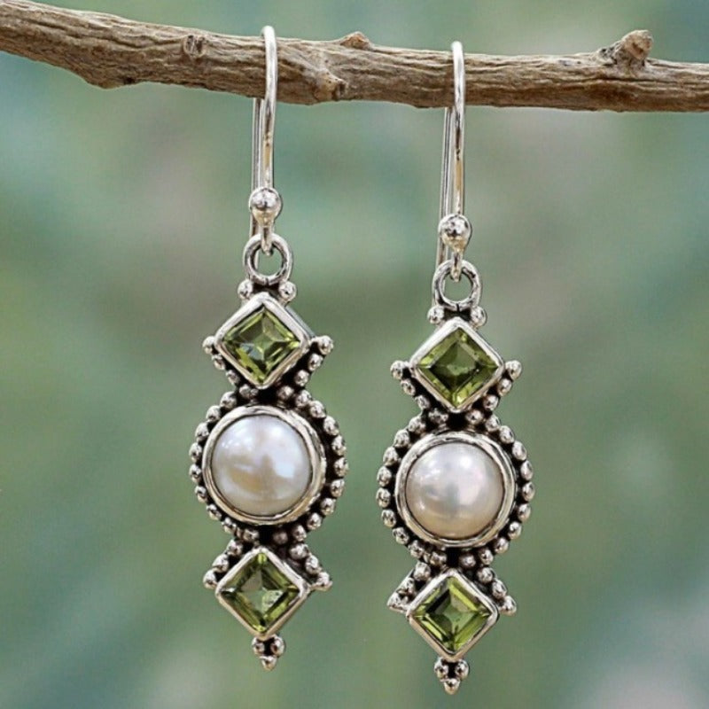 Wholesale S925 Plated Vintage Sier Pearl Square Diamond Long Earrings
