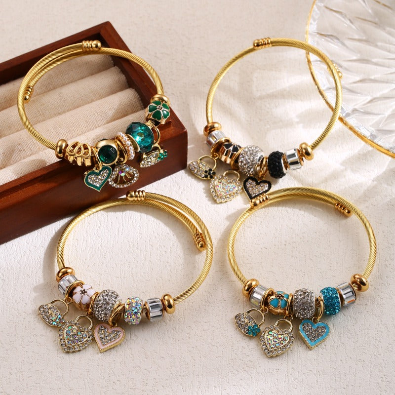 Wholesale Fashionable All-match Diamond Stainless Steel Heart Pendant Cole Adjustable Bracelet