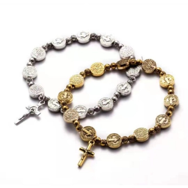 Wholesale Gold and Sier 2-color Saint Benedict Exorcism Cross Alloy Bracelet