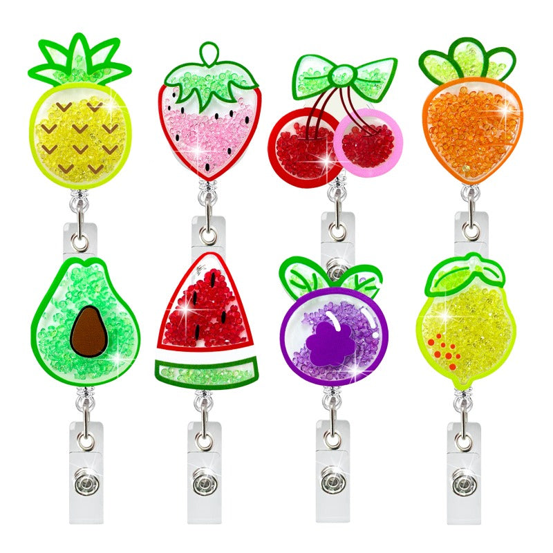 Wholesale Acrylic Quicksand Rhinestone Ft Strawberry Watermelon Telescopic Badge Scroll Keychain