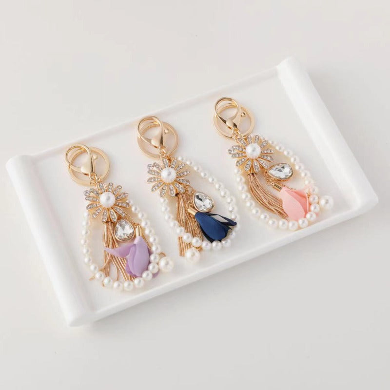 Wholesale Tassel Pearl Beads Rhinestone Suower Keychain