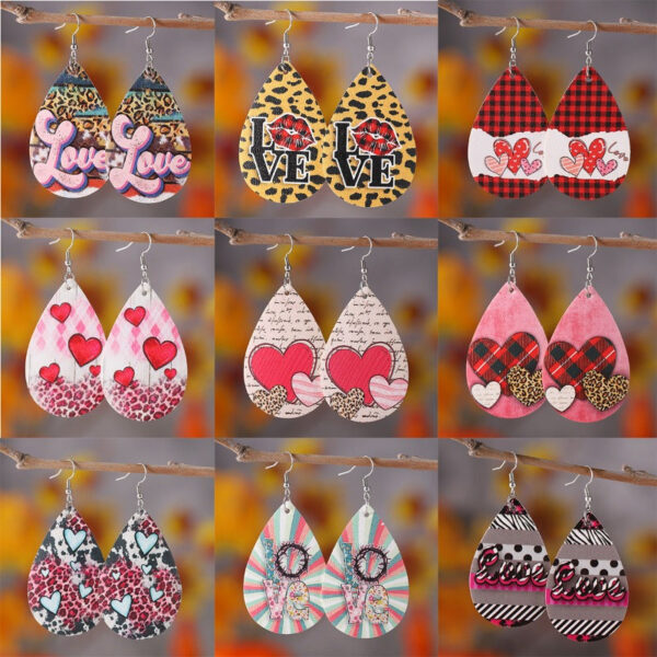 Wholesale Valentine's Day Love Leopard Heart Water Drop Pendant PU Double-sided Valentine's Day Earrings