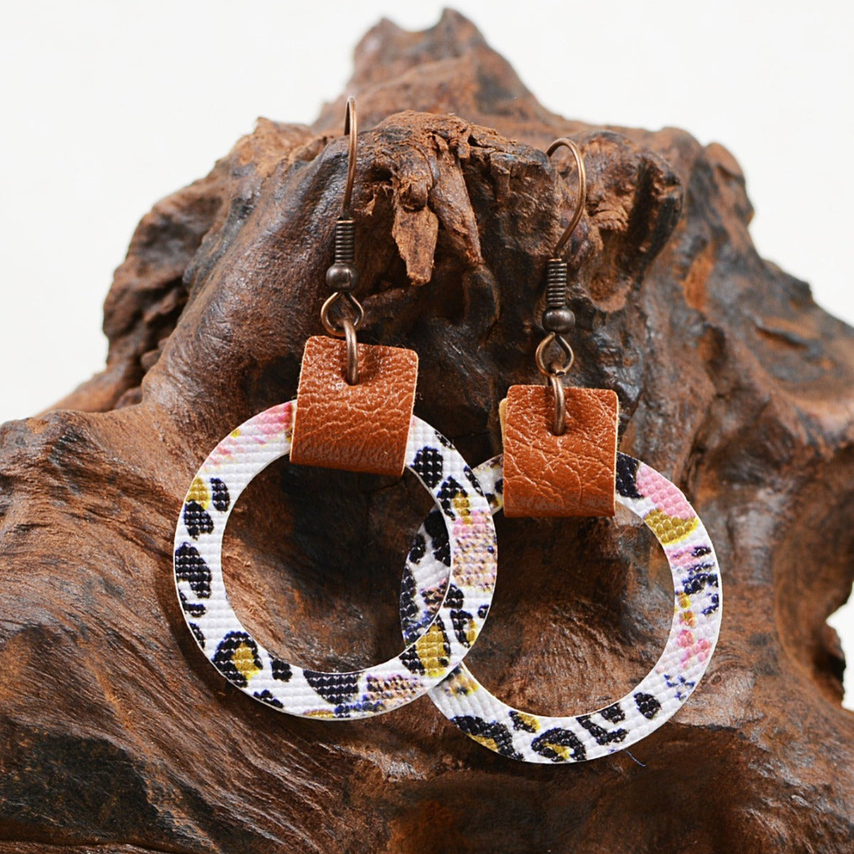 Wholesale Flower Leopard Print Abstract Painting Graiti Hollow Circular Leather Earrings