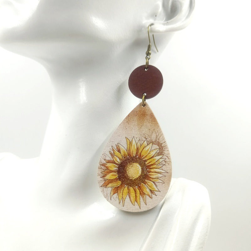 Wholesale Western style Wooden Printing Retro Suower Tauren Earrings