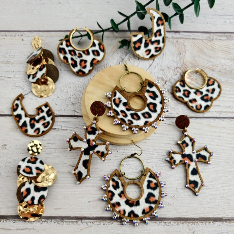 Wholesale Wooden Cut Double-layer Skin Leopard Print Exaerated Retro Personality Grape String Earrings