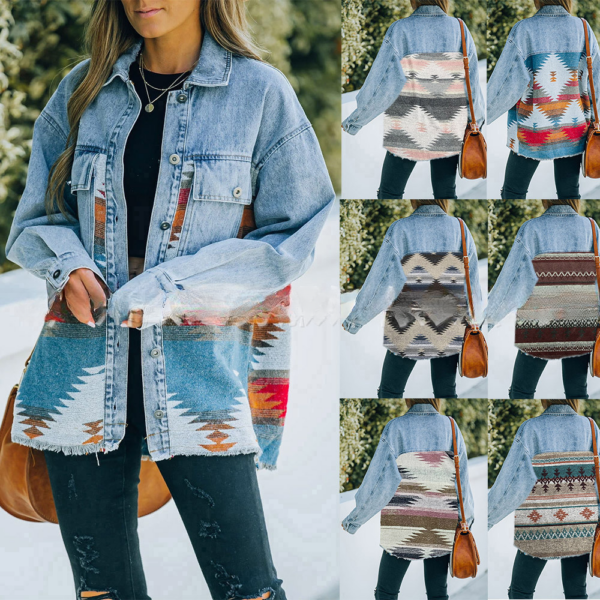 Wholesale Denim Stitching Raw Edge Mid Length Jacket Women Clothes