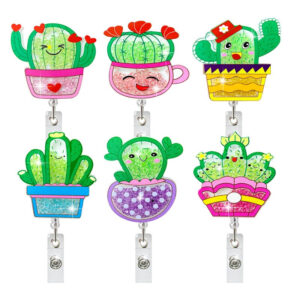 Wholesale Cartoon Cactus Quicksand Acrylic Retractable Badge Scroll Keychain