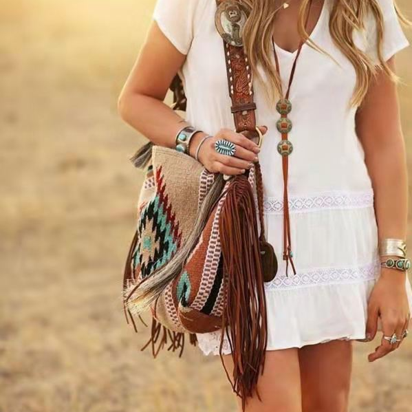 Wholesale Canvas Aztec Pattern Retro Handwoven Tassel Cotton Linen Shoulder Bag