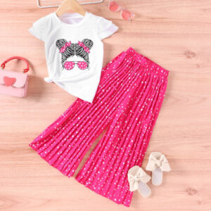 Wholesale Cartoon Avatar Short Sleeved and Wide Leg Pants Casual Polyester Two-piece Set