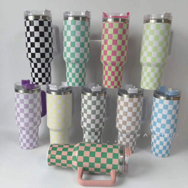 Wholesale Tumbler Stainless Steel Double-layer Insulation 40oz Checkerboard Handle Ice Cup