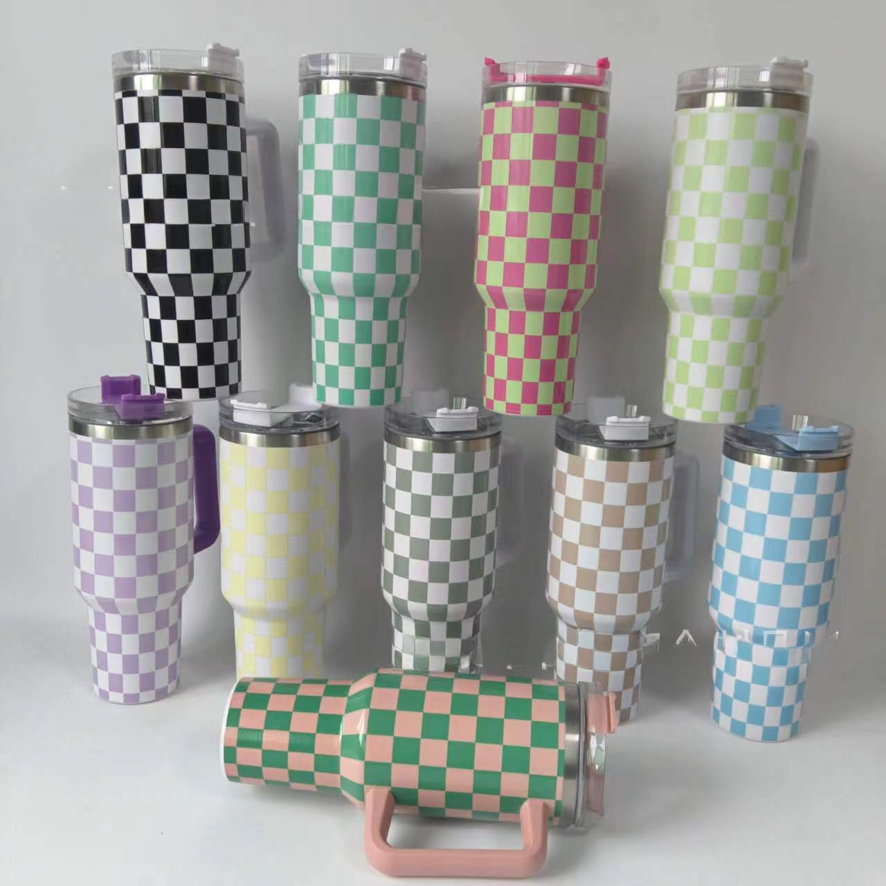 Wholesale Tumbler Stainless Steel Double-layer Insulation 40oz Checkerboard Handle Ice C