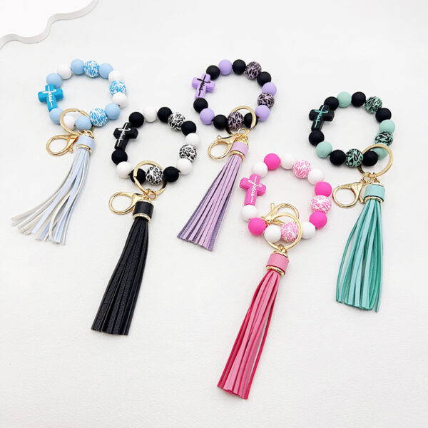 oly-c959621d3893a2d09dfafbb886c9c312 Wholesale Beaded Silicone Cross Leopard Print Wooden Bead Keychain