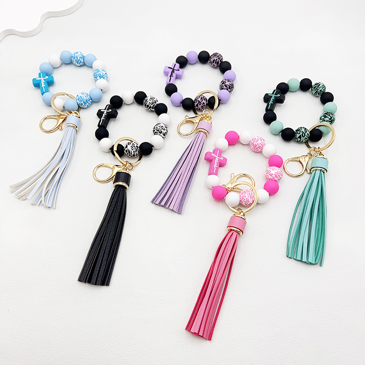 Wholesale Beaded Silicone Cross Leopard Print Wooden Bead Keychain
