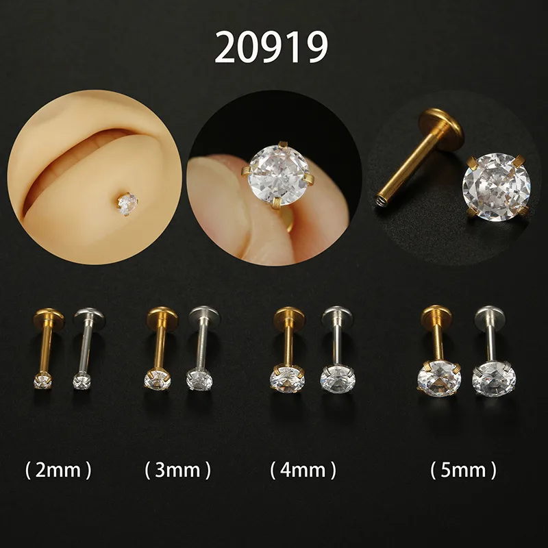 Wholesale 1 Piece 304 Stainless Steel Zircon Round Lip Rings