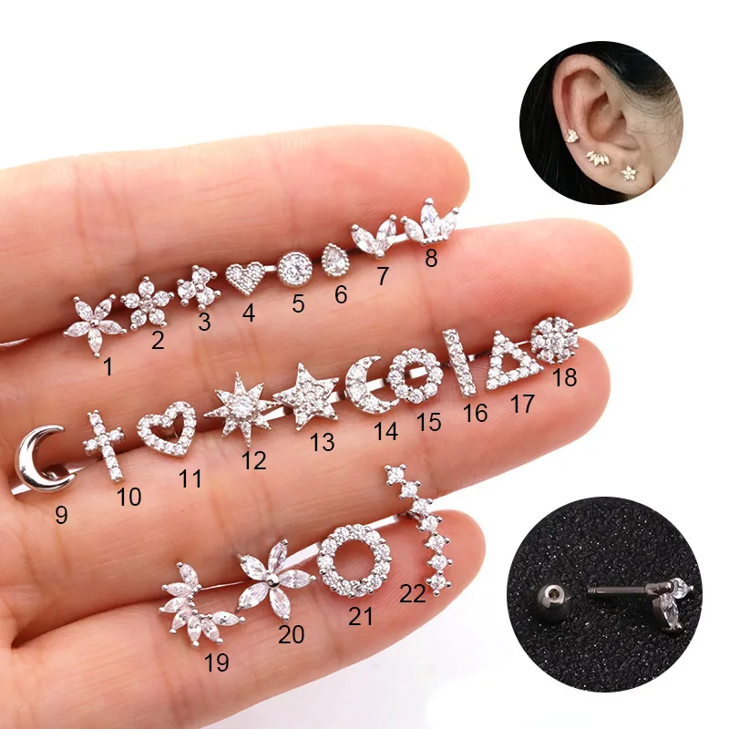 Wholesale 1 Piece 316L Stainless Steel Copper Zircon Ear Cartilage Rings & Studs Flower Waterproof Non Tarnish Surgical Steel Ear Cartilage Rings