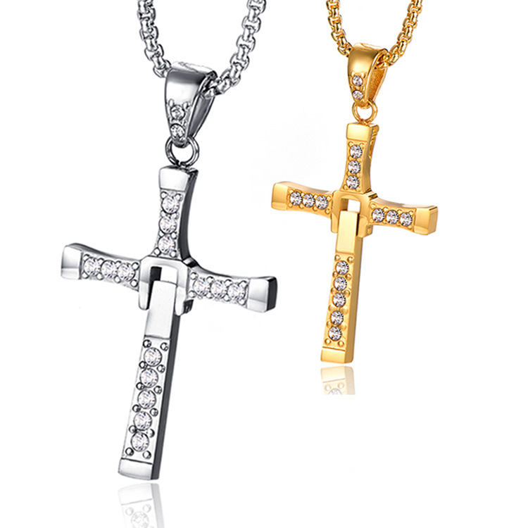 Wholesale Titanium steel gold and sier diamond-studded cross necklace